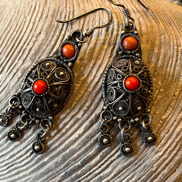 Yemenite Filigree Earrings with Coral, made in Palestine