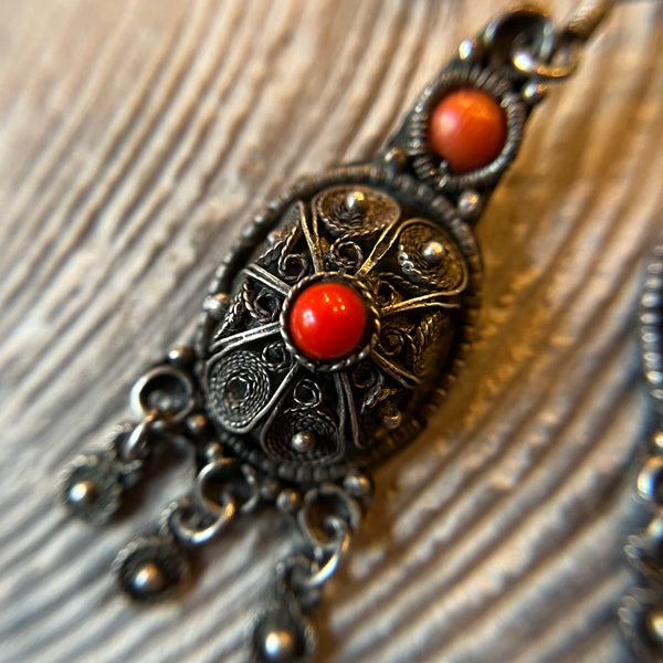 Yemenite Filigree Earrings with Coral, made in Palestine